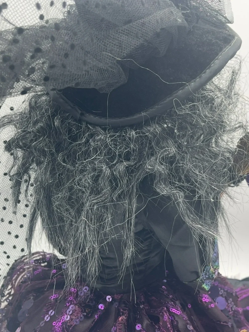 31” Halloween Gothic Wicked Witch Shelf Sitter Doll Purple Sequins w/Broom Stick